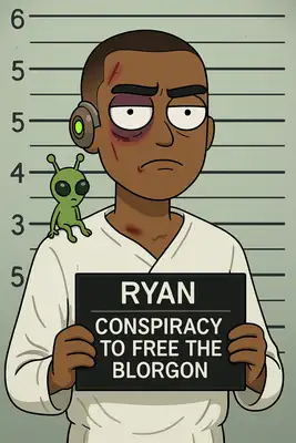 Make 18x24 image in a style of Rick and Morty that will look like a mug shot, with a character based on my photo standing in the centre. Add one "crime" attribute like bruise, scratch, wound.

Be playful with outfit - it can be spacesuit, mental asylum robe, caveman outfit.

Add some science fiction related details: a tiny alien sitting on a shoulder or a cyber implant. Dont overdo it.

Make me hold a card with name and crime reason. Make reason random, funny and satiric on par with Rick and Morty Style related to the details you added to the image.

Name: 