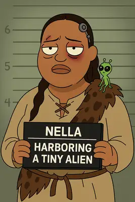 Make 18x24 image in a style of Rick and Morty that will look like a mug shot, with a character based on my photo standing in the centre. Add one "crime" attribute like bruise, scratch, wound.

Be playful with outfit - it can be spacesuit, mental asylum robe, caveman outfit.

Add some science fiction related details: a tiny alien sitting on a shoulder or a cyber implant. Dont overdo it.

Make me hold a card with name and crime reason. Make reason random, funny and satiric on par with Rick and Morty Style related to the details you added to the image.

Name: Nella
