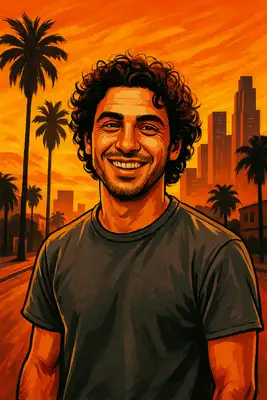 Transform this portrait into a Grand Auto styled digital painting, reminiscent of classic gaming loading screens. Use bold black outlines, high-contrast shadows, saturated warm sunset hues, and painterly brushstrokes. Place the subject against a palm-fringed street or city skyline under a golden hour sky.