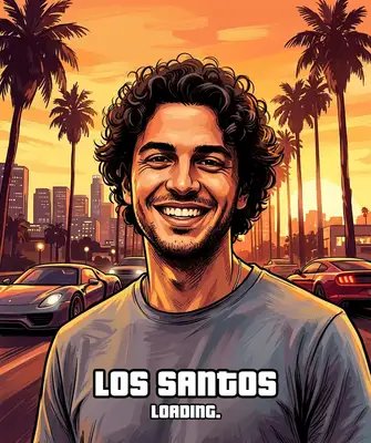 Transform this portrait into a Grand Auto styled digital painting, reminiscent of classic gaming loading screens. Use bold black outlines, high-contrast shadows, saturated warm sunset hues, and painterly brushstrokes. Place the subject against a palm-fringed street or city skyline under a golden hour sky.