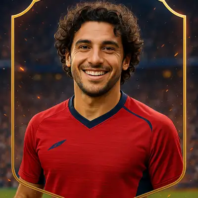 Transform this portrait into a professional FUT soccer card player profile. Render the subject as a professional athlete in a customized sports jersey, with dynamic lighting and action particles. Set them against a glowing stadium crowd background, complete with a clean vertical portrait crop.