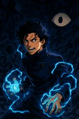 A dynamic, high-octane anime portrait of the subject as a jujutsu sorcerer from Jujutsu Kaisen. Stylized sharp cel-shading, dark navy high-collar uniform, glowing neon blue cursed energy swirling around the hands and body. The background is a dark surreal domain expansion with floating geometry, giant eyes, and abstract shadow shapes under a dark starry sky.