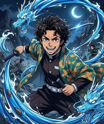 A dynamic, high-energy anime portrait of the subject in the art style of Demon Slayer (Kimetsu no Yaiba). The subject has expressive anime eyes and is wearing a traditional patterned haori coat over a dark demon slayer uniform. Holding a katana sword in a combat pose. The background is a dark forest at night, filled with swirling, glowing blue water breathing elemental streams and splash effects that wrap around the character.