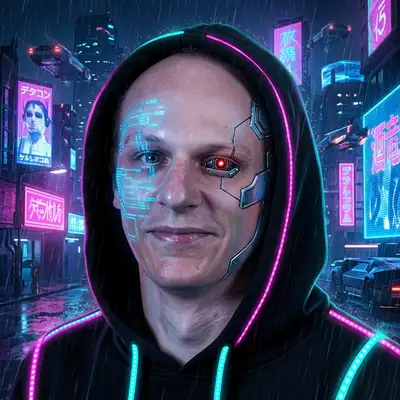 Transform this portrait into a highly detailed cyberpunk character. Render with neon glowing lights, cybernetic facial implants, futuristic city background, neon pink and cyan aesthetics, highly detailed digital painting.