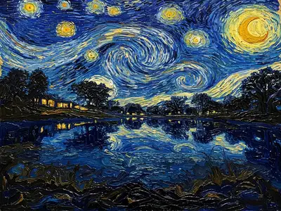 A Vincent van Gogh style oil painting portrait of the subject, in the style of Starry Night, with thick expressive impasto brush strokes, swirling deep blue and vibrant gold night sky background, moon and stars, classic post-impressionism texture.