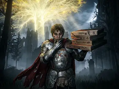 Transform this portrait into a dark medieval fantasy character, inspired by Elden Ring. Render the subject in heavy, battle-worn steel armor with a tattered cloak. Place them in a mysterious, misty dark forest under a giant glowing golden tree or gothic castle ruins, with dramatic high-contrast moody lighting.