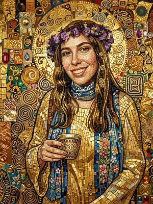 A fine art portrait of the subject in the iconic style of Gustav Klimt, adorned in intricate gold leaf patterns, decorative swirling mosaics, geometric spirals, rich gold and bronze textures, post-impressionist symbolic art.