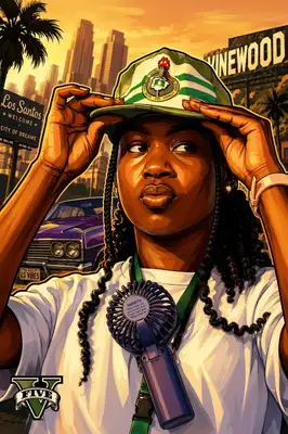 Transform this portrait into a Grand Auto styled digital painting, reminiscent of classic gaming loading screens. Use bold black outlines, high-contrast shadows, saturated warm sunset hues, and painterly brushstrokes. Place the subject against a palm-fringed street or city skyline under a golden hour sky.