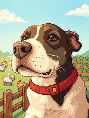 Transform this image into a cozy 16-bit pixel art character in the signature aesthetic of Stardew Valley. Convert the person's features into charming pixelized details with bright, warm colors, brown or colorful hair, and friendly eyes. Place them in a nostalgic farm background featuring wooden fences, green crops, and cute pixel farm animals under a soft, sunny sky. The portrait should feel like a cozy, handcrafted video game character portrait.