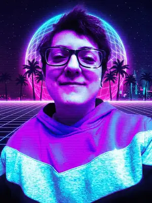 Transform this image into a 1980s synthwave (outrun) masterpiece. Render the character using a vibrant neon color palette of purple, magenta, and cyan. Place them against a retro-futuristic backdrop featuring a glowing wireframe laser grid, palm tree silhouettes, and a giant glowing neon wireframe sun. Add classic 80s chrome highlights and a VHS scanline aesthetic.