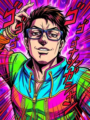 Transform this image into an anime character in the iconic style of JoJo's Bizarre Adventure. Render the subject in a dramatic, fashionable, and exaggerated pose. Use heavy graphical cross-hatching shadows, sharp chiseled facial features, and thick black ink outlines. The color scheme should be highly saturated and neon-colored. Surround the subject with vibrant speed lines and stylized Japanese sound effect Katakana letters (like gogogo/menacing) in a dynamic, high-energy manga layout.