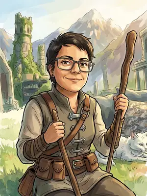 Transform this portrait into a painterly, cel-shaded fantasy illustration, reminiscent of Breath of Adventure. Use soft watercolor-like grass textures, warm natural sunlight, and a breathtaking landscape background of ruins and mountains. Dress the subject in adventure-ready explorer tunic.