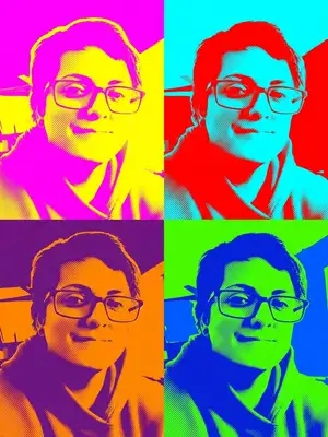 An Andy Warhol pop art style screenprint portrait of the subject, high-contrast, bold blocks of saturated neon colors, vintage screenprint halftone dot texture, iconic 1960s pop art style, flat colorful background.