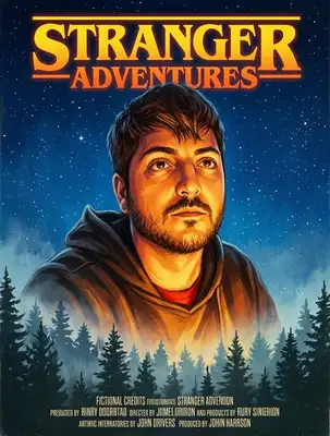 Transform this portrait into a retro 1980s illustrated adventure movie poster style, reminiscent of Stranger Things. Render the subject with rich hand-painted details, glowing amber/warm lighting from below, and place them against a dark blue starry night sky above a misty pine forest silhouette. Add subtle movie poster grain and vintage warm hues.