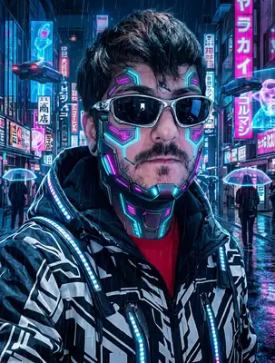 Transform this image into a cyberpunk character. Use glowing neon blue and magenta cybernetic face implants, high-tech chrome sunglasses, dark high-contrast clothing, and a rainy futuristic street background at night with neon lights. Maintain the original pose and expression but translate them into a citizen of a futuristic Neo-Tokyo.