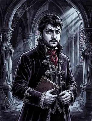 Transform this image into a dark Gothic Noir illustration. Render the character using a dark, moody monochromatic palette with deep purples, charcoals, and cold blues. Place them against a gothic academy background featuring stone arches, cobwebs, and high-contrast atmospheric shadows. Give them a mysterious expression and gothic, dramatic clothing.