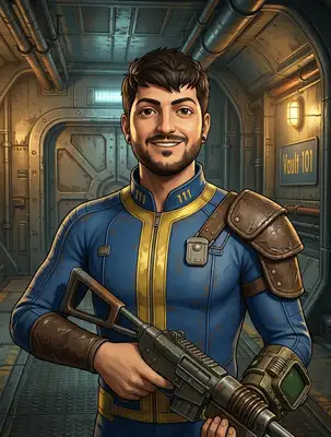 A 3D character render of the subject in the art style of Fallout. The subject is wearing a detailed blue and yellow vault dweller jumpsuit with the number 111 embroidered on the collar, and a leather shoulder pad. The subject has a cheerful, heroic expression. In the background is the interior of a metallic retro-futuristic vault hallway, featuring massive circular steel blast doors, exposed steam pipes, yellow warning stripes, and warm industrial lighting.