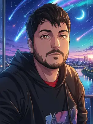 A stunning, cinematic anime portrait of the subject in the signature art style of Makoto Shinkai. The subject has soft expressive features and warm lighting. The background features a dramatic, highly detailed sky at dusk filled with swirling purple and teal comets, shooting stars, and a luminous crescent moon reflecting over a quiet Japanese city river.