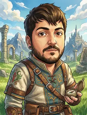 Transform this portrait into a painterly, cel-shaded fantasy illustration, reminiscent of Breath of Adventure. Use soft watercolor-like grass textures, warm natural sunlight, and a breathtaking landscape background of ruins and mountains. Dress the subject in adventure-ready explorer tunic.