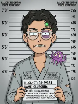 Make 18x24 image in a style of Rick and Morty that will look like a mug shot, with a character based on my photo standing in the centre. Add one "crime" attribute like bruise, scratch, wound.

Be playful with outfit - it can be spacesuit, mental asylum robe, caveman outfit.

Add some science fiction related details: a tiny alien sitting on a shoulder or a cyber implant. Dont overdo it.

Make me hold a card with name and crime reason. Make reason random, funny and satiric on par with Rick and Morty Style related to the details you added to the image.

Name: Gluegun6