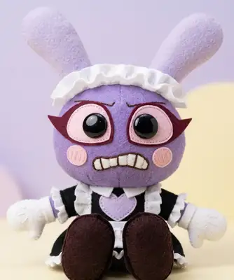 A cute, handmade felt plush doll (Amigurumi style) representing the subject, with big shiny black button eyes, wool yarn hair matching the subject's hairstyle, felt stitched clothing, soft studio lighting, clean pastel background, high detail fabric texture.