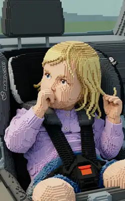 Transform this image into 3D voxel art. Build the character out of tiny colorful 3D blocks (pixels) in a stylized voxel grid, mimicking a modern retro video game. Retain the general shape, expression, and colors, but convert them into a pixelated 3D block model.