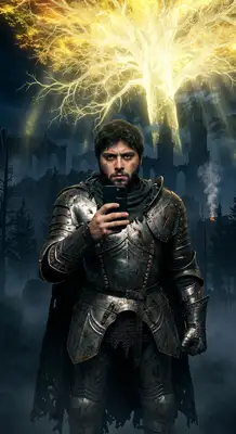 Transform this portrait into a dark medieval fantasy character, inspired by Elden Ring. Render the subject in heavy, battle-worn steel armor with a tattered cloak. Place them in a mysterious, misty dark forest under a giant glowing golden tree or gothic castle ruins, with dramatic high-contrast moody lighting.