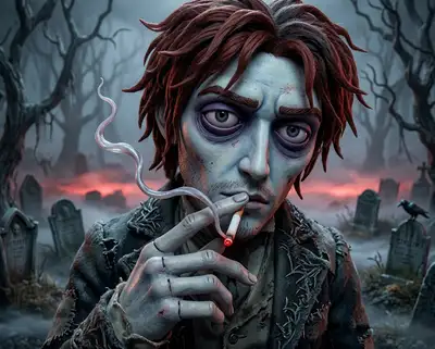 A Tim Burton stop-motion animation style puppet portrait of the subject, pale blue and grey skin tones, large round expressive eyes with dark circles, sunken purple eye sockets, dark hair, gothic Victorian clothing, spooky cemetery or misty dark forest background, high-contrast chiaroscuro lighting.