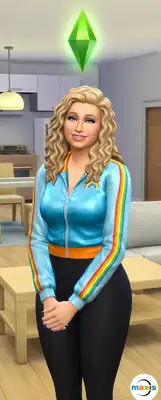 A 3D render of the subject as a playable character in The Sims 4, smooth stylized skin, stylized hair, friendly smile, a bright green glowing plumbob diamond floating directly above the head, clean modern interior background, Maxis game art style.
