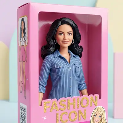 A realistic 3D render of the subject as a plastic fashion doll, smooth glossy plastic skin, perfect makeup, styled hair, wearing fashionable outfit, standing inside a glossy pink toy product packaging box with a clear plastic window, pastel studio lighting.