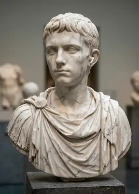 A realistic sculpture photo of the subject carved as a classical Roman marble bust. Beautifully detailed white Carrara marble texture with subtle grey veins, smooth polished surfaces, and soft chiselled details. Set in a museum gallery backdrop with soft warm spotlights creating dramatic shadows, highlighting the stone drapery of a toga.