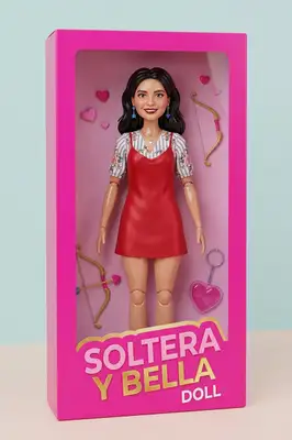 A realistic 3D render of the subject as a plastic fashion doll, smooth glossy plastic skin, perfect makeup, styled hair, wearing fashionable outfit, standing inside a glossy pink toy product packaging box with a clear plastic window, pastel studio lighting.