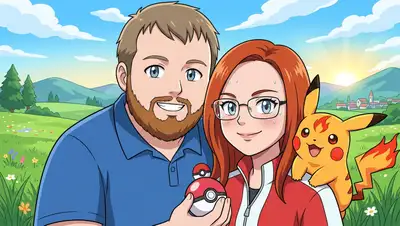 Transform this photo into a classic anime style art piece, depicting the subject as a pocket monster trainer. Render them in bright cel-shaded colors with a cute stylized anime pet companion sitting next to them. Place them in a grassy field with rolling hills under a sunny sky.