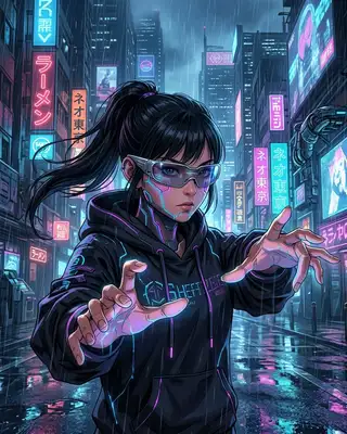 Transform this image into a cyberpunk character. Use glowing neon blue and magenta cybernetic face implants, high-tech chrome sunglasses, dark high-contrast clothing, and a rainy futuristic street background at night with neon lights. Maintain the original pose and expression but translate them into a citizen of a futuristic Neo-Tokyo.