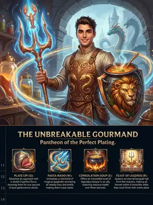 Create a stylized character splash screen inspired by the League of Legends in-game interface, using a semi-realistic, painterly fantasy art style.\nThe top section (first 10 rows of a clean 14-row vertical layout) should feature a dynamic illustration of a heroic fantasy character based on a real person’s face (use the provided photo), stylized but keeping facial features recognizable.\n\nThis character should be reimagined in a fantasy world setting where their core personality or hobby is exaggerated into a heroic archetype (e.g., if the person loves cooking, they become a magical combat chef). Outfit, accessories, and background should reflect this theme in a fun, whimsical, and epic way.\n\nIn the bottom 4 rows, include a dark-themed League-style UI with:\n• A character name (fantasy-style, derived from: )\n• A heroic/funny title based on: Pantheon, the Unbreakable Spear\n• A spell bar with 4 ability icons and short, absurd, and funny descriptions — each no more than a sentence.\n\n📏 Layout Rules:\n• Use a clean 14-row vertical grid.\n• Leave row 14 entirely empty for visual padding — no text, icons, or UI.\n• Ensure all text and ability icons are clearly separated from the image edge with generous margin.\n\n🎨 Output: Portrait, 18x24 ratio, clean League of Legends-style composition.