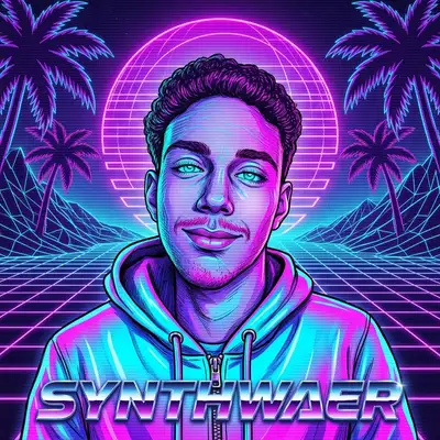 Transform this image into a 1980s synthwave (outrun) masterpiece. Render the character using a vibrant neon color palette of purple, magenta, and cyan. Place them against a retro-futuristic backdrop featuring a glowing wireframe laser grid, palm tree silhouettes, and a giant glowing neon wireframe sun. Add classic 80s chrome highlights and a VHS scanline aesthetic.