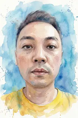 Transform this image into a beautiful watercolor painting. Use wet-on-wet paint washes, soft blending, visible paper grain texture, and delicate splatters of paint around the edges. Retain the subject's features and pose but render them with a hand-painted, artistic watercolor aesthetic.