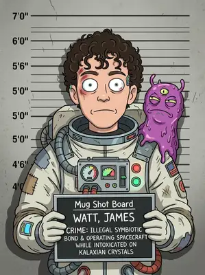 Make 18x24 image in a style of Rick and Morty that will look like a mug shot, with a character based on my photo standing in the centre. Add one "crime" attribute like bruise, scratch, wound.

Be playful with outfit - it can be spacesuit, mental asylum robe, caveman outfit.

Add some science fiction related details: a tiny alien sitting on a shoulder or a cyber implant. Dont overdo it.

Make me hold a card with name and crime reason. Make reason random, funny and satiric on par with Rick and Morty Style related to the details you added to the image.

Name: James Watt