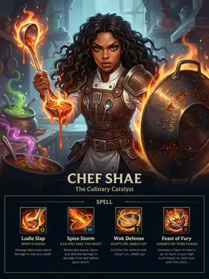 Create a stylized character splash screen inspired by the League of Legends in-game interface, using a semi-realistic, painterly fantasy art style.\nThe top section (first 10 rows of a clean 14-row vertical layout) should feature a dynamic illustration of a heroic fantasy character based on a real person’s face (use the provided photo), stylized but keeping facial features recognizable.\n\nThis character should be reimagined in a fantasy world setting where their core personality or hobby is exaggerated into a heroic archetype (e.g., if the person loves cooking, they become a magical combat chef). Outfit, accessories, and background should reflect this theme in a fun, whimsical, and epic way.\n\nIn the bottom 4 rows, include a dark-themed League-style UI with:\n• A character name (fantasy-style, derived from: )\n• A heroic/funny title based on: \n• A spell bar with 4 ability icons and short, absurd, and funny descriptions — each no more than a sentence.\n\n📏 Layout Rules:\n• Use a clean 14-row vertical grid.\n• Leave row 14 entirely empty for visual padding — no text, icons, or UI.\n• Ensure all text and ability icons are clearly separated from the image edge with generous margin.\n\n🎨 Output: Portrait, 18x24 ratio, clean League of Legends-style composition.