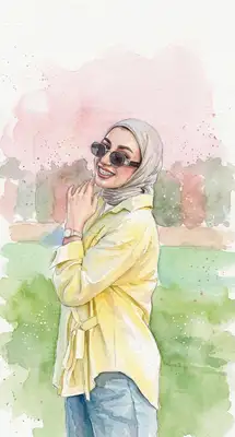 Transform this image into a beautiful watercolor painting. Use wet-on-wet paint washes, soft blending, visible paper grain texture, and delicate splatters of paint around the edges. Retain the subject's features and pose but render them with a hand-painted, artistic watercolor aesthetic.