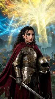 A grand, epic dark fantasy portrait of the subject as a tarnished warrior from Elden Ring. The subject is wearing ornate, detailed medieval plate armor with golden trim, battle-scratched steel textures, and a tattered crimson cape. In the background, a massive, towering glowing golden tree (Erdtree) dominates the sky, casting bright golden light and floating embers over a desolate ruined castle landscape. Dramatic cinematic lighting with high contrast.
