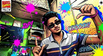 Transform this image into the style of Spider-Man: Into the Spider-Verse. Use high-contrast dynamic line art, halftone dot shading textures, bright neon paint drops, offset printing plate misalignment, and deep comic book shadows. Retain the character's facial features and posture but translate them into a stylized superhero or villain.