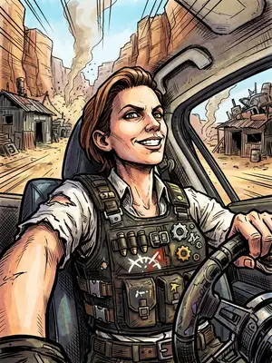 A hand-drawn cell-shaded graphic novel portrait of the subject in the iconic style of Borderlands. Thick black ink outlines, textured watercolor and ink washes, grungy post-apocalyptic textures. The subject is wearing a tactical wasteland vest with straps and gears, and has a rebellious grin. Background features a desert canyon wasteland with scrap metal structures and comic speed lines.