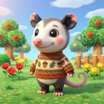 A cute, high-quality 3D render of the subject as a playable villager character in the art style of Animal Crossing: New Horizons. The character has large expressive round eyes, soft rosy blushing cheeks, a cute round nose, and a warm smile. Wearing a cozy patterned knit sweater. The background is a vibrant, sunny green grassy island village with simple colorful flowers, round trees with red apples, a wooden fence, and a clear blue sky.