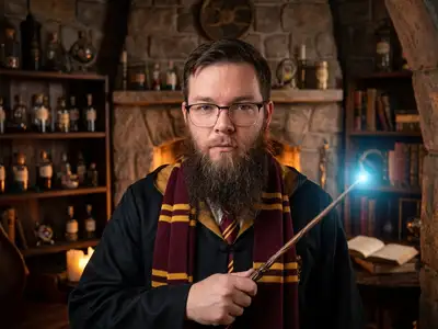 A magical cinematic portrait of the subject as a wizarding school student, wearing dark academy robes with a house-colored scarf, holding a wooden wand casting a glowing blue spell, cozy stone castle common room background with shelves of potions and ancient books, soft warm lighting.