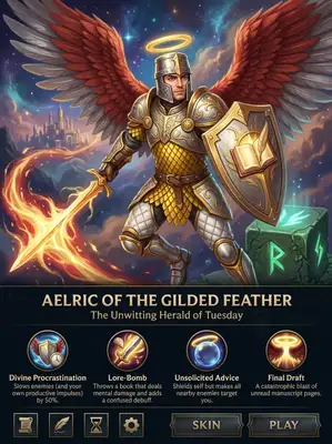 Create a stylized character splash screen inspired by the League of Legends in-game interface, using a semi-realistic, painterly fantasy art style.\nThe top section (first 10 rows of a clean 14-row vertical layout) should feature a dynamic illustration of a heroic fantasy character based on a real person’s face (use the provided photo), stylized but keeping facial features recognizable.\n\nThis character should be reimagined in a fantasy world setting where their core personality or hobby is exaggerated into a heroic archetype (e.g., if the person loves cooking, they become a magical combat chef). Outfit, accessories, and background should reflect this theme in a fun, whimsical, and epic way.\n\nIn the bottom 4 rows, include a dark-themed League-style UI with:\n• A character name (fantasy-style, derived from: )\n• A heroic/funny title based on: \n• A spell bar with 4 ability icons and short, absurd, and funny descriptions — each no more than a sentence.\n\n📏 Layout Rules:\n• Use a clean 14-row vertical grid.\n• Leave row 14 entirely empty for visual padding — no text, icons, or UI.\n• Ensure all text and ability icons are clearly separated from the image edge with generous margin.\n\n🎨 Output: Portrait, 18x24 ratio, clean League of Legends-style composition.