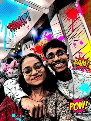 Transform this image into the style of Spider-Man: Into the Spider-Verse. Use high-contrast dynamic line art, halftone dot shading textures, bright neon paint drops, offset printing plate misalignment, and deep comic book shadows. Retain the character's facial features and posture but translate them into a stylized superhero or villain.