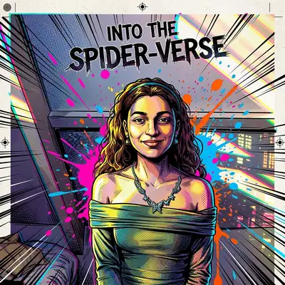Transform this image into the style of Spider-Man: Into the Spider-Verse. Use high-contrast dynamic line art, halftone dot shading textures, bright neon paint drops, offset printing plate misalignment, and deep comic book shadows. Retain the character's facial features and posture but translate them into a stylized superhero or villain.