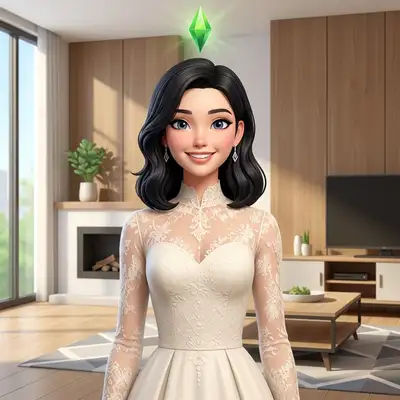 A 3D render of the subject as a playable character in The Sims 4, smooth stylized skin, stylized hair, friendly smile, a bright green glowing plumbob diamond floating directly above the head, clean modern interior background, Maxis game art style.