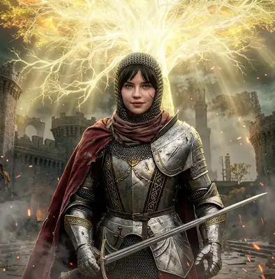 A grand, epic dark fantasy portrait of the subject as a tarnished warrior from Elden Ring. The subject is wearing ornate, detailed medieval plate armor with golden trim, battle-scratched steel textures, and a tattered crimson cape. In the background, a massive, towering glowing golden tree (Erdtree) dominates the sky, casting bright golden light and floating embers over a desolate ruined castle landscape. Dramatic cinematic lighting with high contrast.